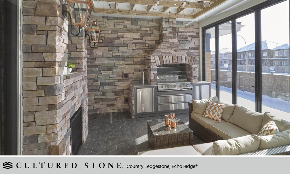 Outdoor Living Covered Patio Sunroom Cultured Stone Country Ledgestone Echo Ridge