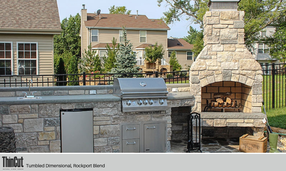 Outdoor Living Kitchen BBQ ThinCut Natural Stone Tumbled Dimensional Rockport Blend