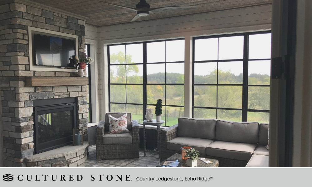 Outdoor Living Covered Patio Sunroom Cultured Stone Country Ledgestone Echo Ridge