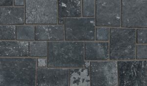Pangaea® Natural Stone – Castlestone, Black Rundle with half inch mortar joints